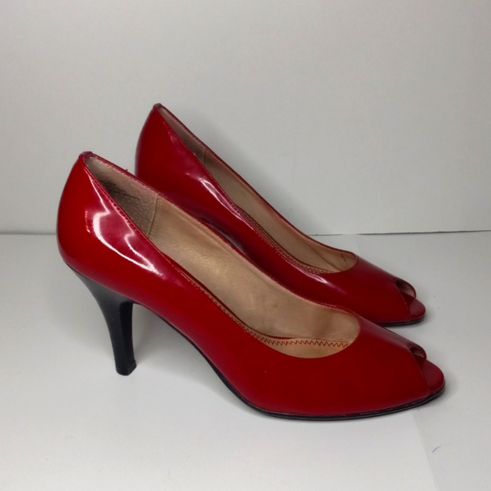 BP Women's Shoes Patent Leather Red Peep Toe Heels